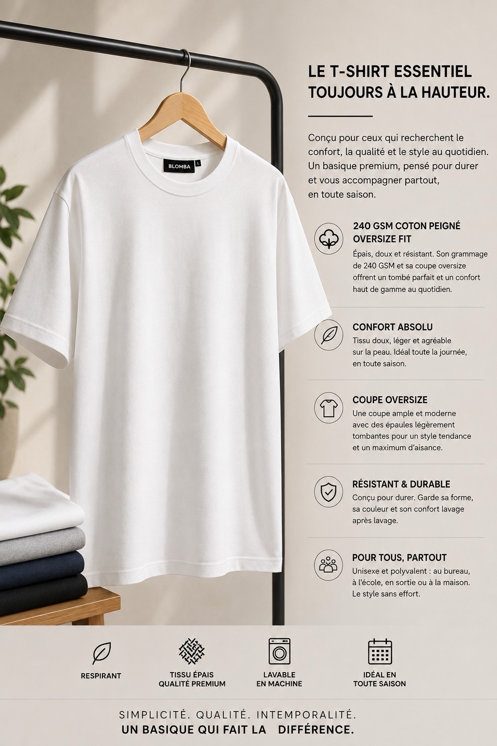 Infographie du t-shirt Premium BLOMBA, 240 GSM
